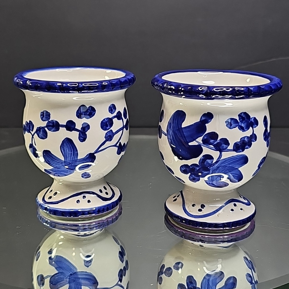Abbott Collection Double Egg Cup Pottery Blue White Floral Hand Painted PAIR